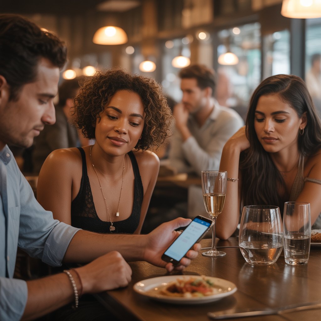 Friends splitting a restaurant bill with phones