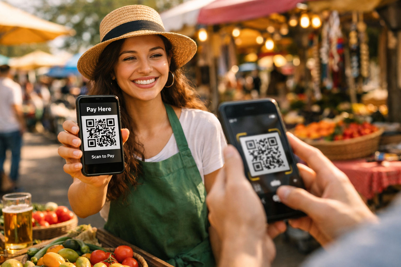 Street market vendor accepting mobile payment via QR code