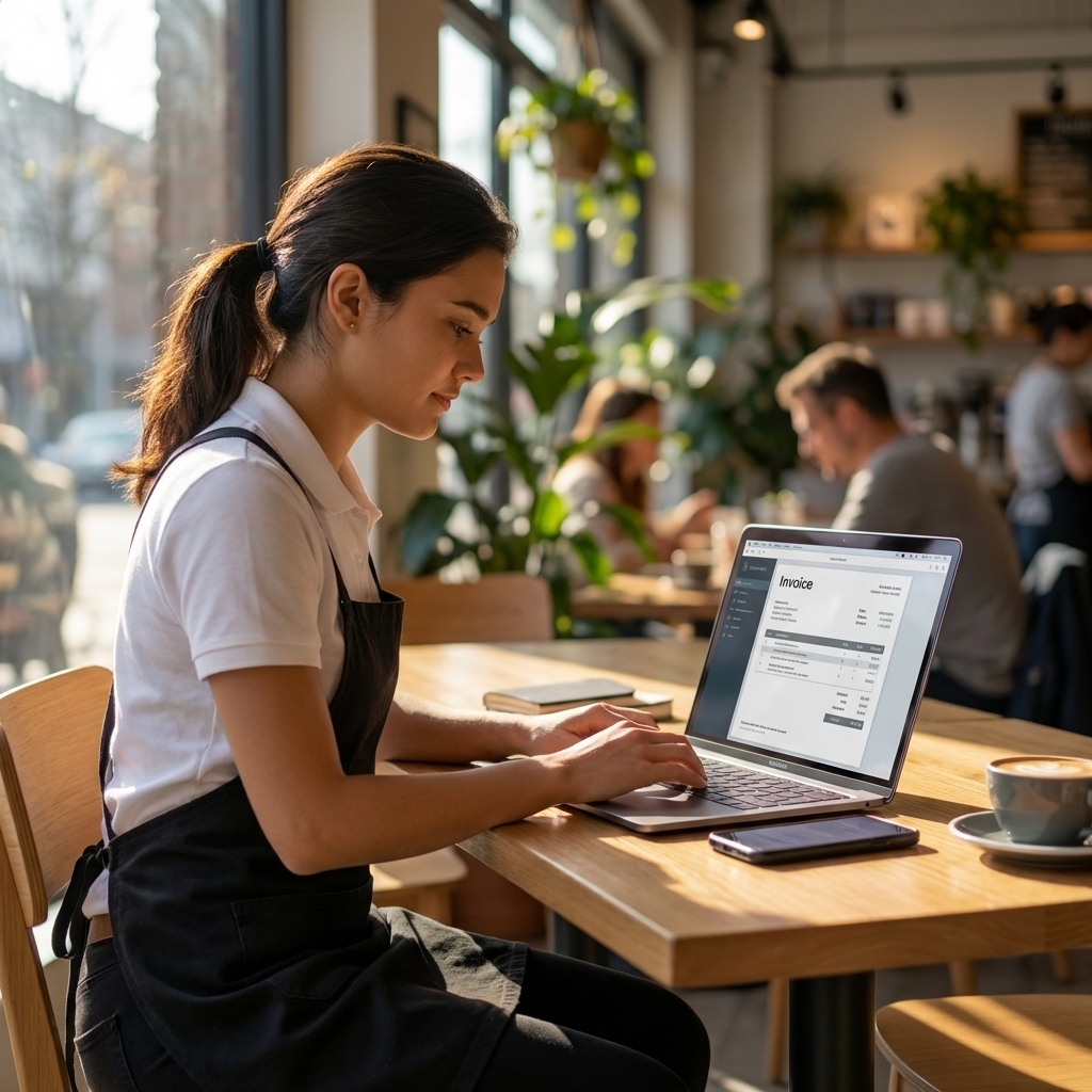 Freelancer working on invoice in a cafe
